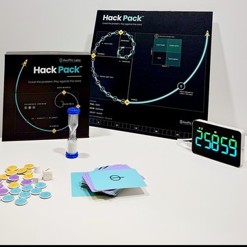 De Hack Pack doos, het speelbord, de kaarten en de klok op tafel