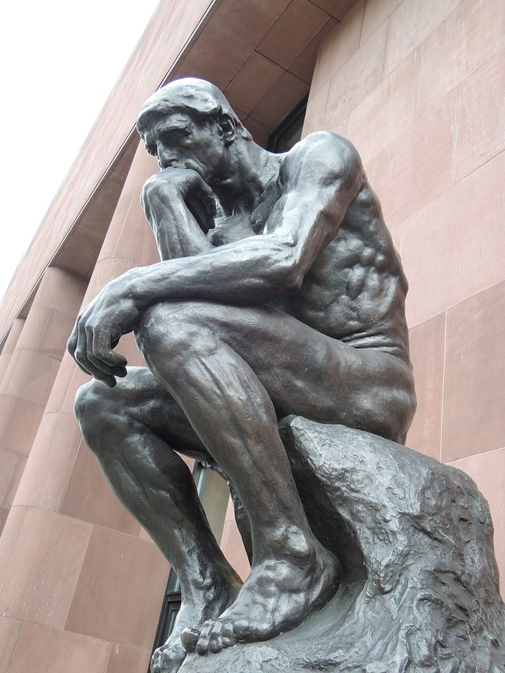 Rodin's The Thinker, bronze, seen from below
